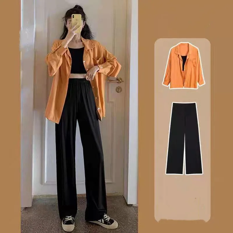 Tea Series Clothes for Women Three Piece Set 2023 Summer New Korean Loose Versatile Shirt Strap Ice Silk Wide Leg Pants Suit