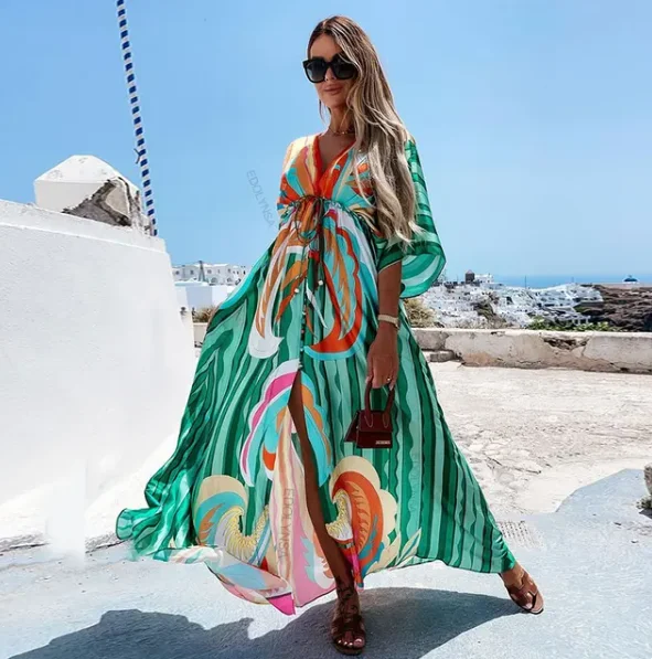 

Elegant Gorgeous Printing Dress Women Casual Elastic Waist Long Party Dress 2023 Summer Loose Slit Beach Dress A932