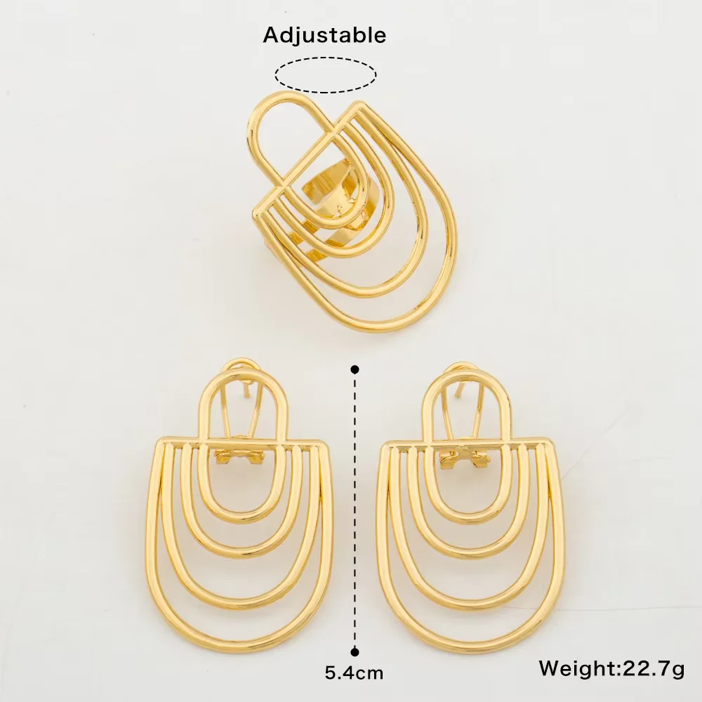 Women's 18K Gold Plated Multi Layer U Shape Earring Ring Set