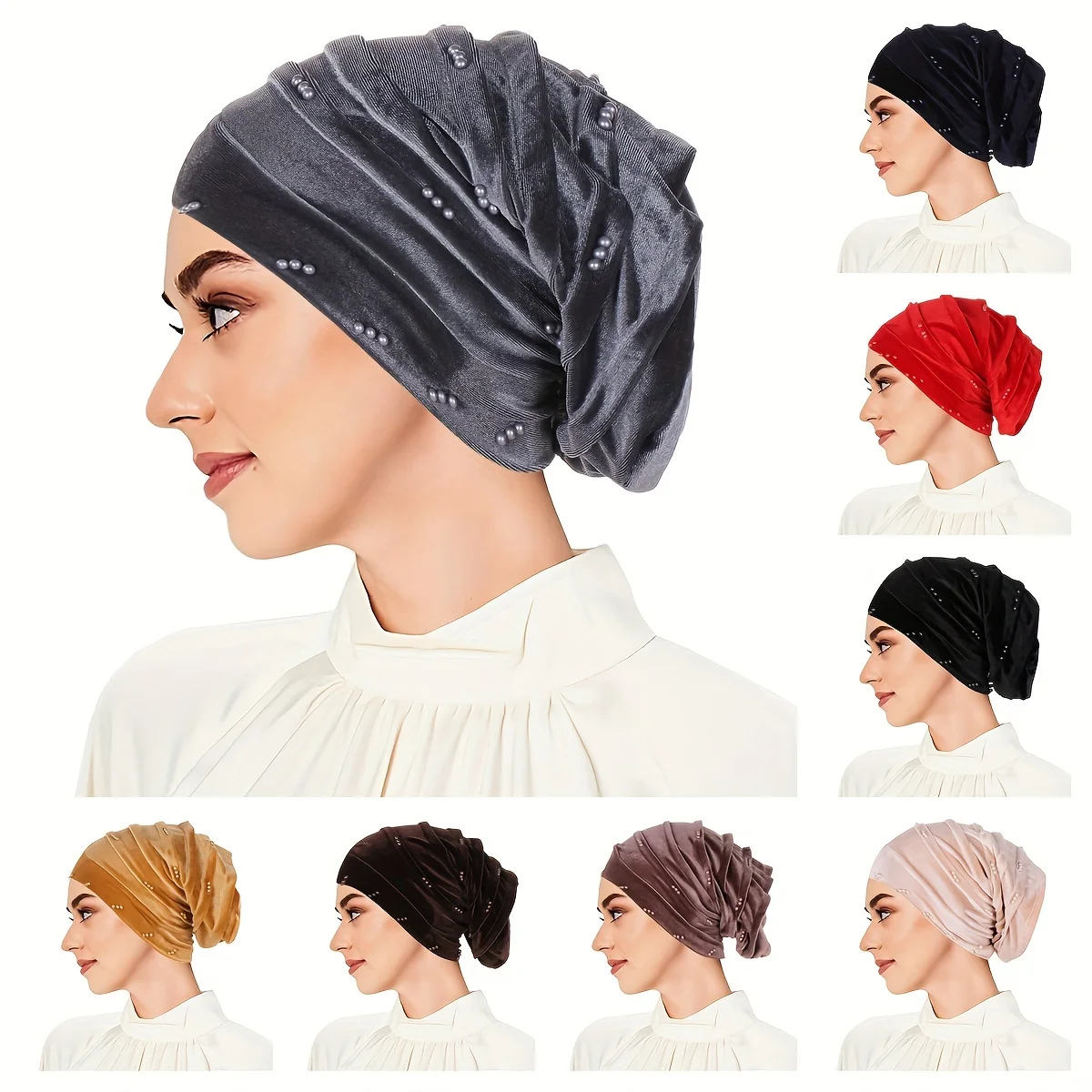 Classic Velvet Turbans For Women Vintage Solid Color Pleated Head Wraps Elastic Head Scarf Casual Chemo Cap Ramadan Hats