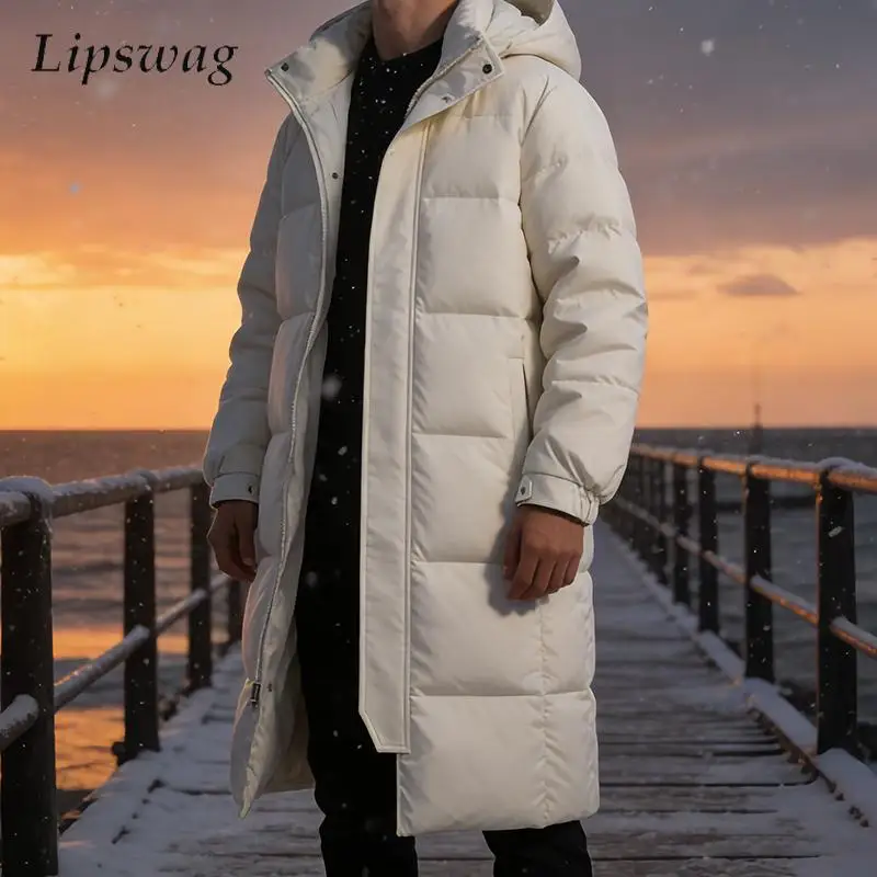 

Winter Warm Outerwear Mens Casual Solid Color Maxi Down Jacket Coats Men 2026 Spring Stylish Zip-up Hooded Windbreaker Overcoats