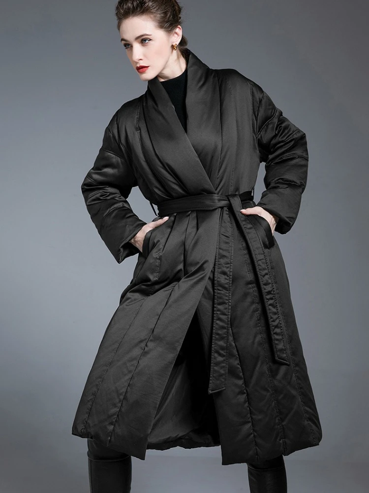 Luxury High Quality 90 White Duck Down Long Trench Coat Belted Winter Warm Women's Coat Slim Down Jacket Quilted Trend Outerwear