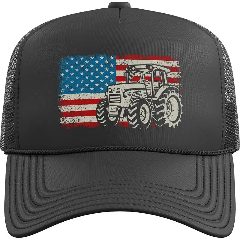 Farm Tractor American Flag Patriotic Proud Farmer Trucker Hat With Adjustable Mesh Back