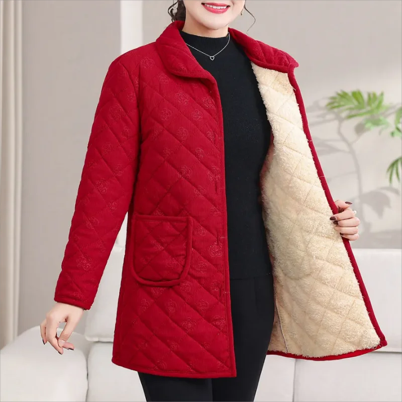 Add Velvet Coat Female Tops Middle Aged Women\'s Mid-Length Cotton-Padded Jackets Winter Warm Cold-Proof Overcoat