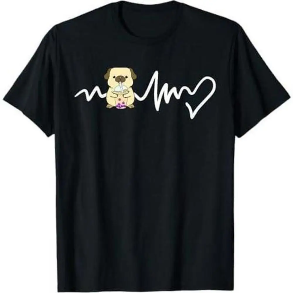 

Cute Pug T-Shirt Heartbeat with Boba Tea, Funny Dog Lover Graphic Tee, Bubble Tea Lover Gift for Men Women