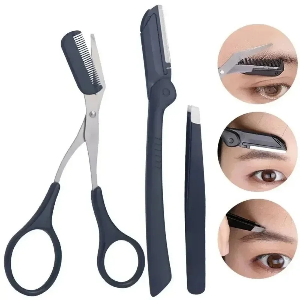 3Pcs Stainless Steel Eyebrow Trimming Tools Set Eyebrow Tweezers Scissors with Comb Eyebrow Razor Multipurpose Eyebrow Shaping