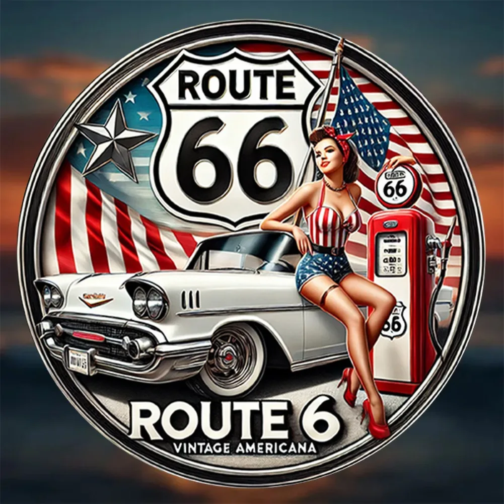 „Route 66“ Vintage-Metallschild, 20,3 cm rund, klassisches Americana-Design mit weißem umwandelbarem Auto, rahmenlose Wandkunst