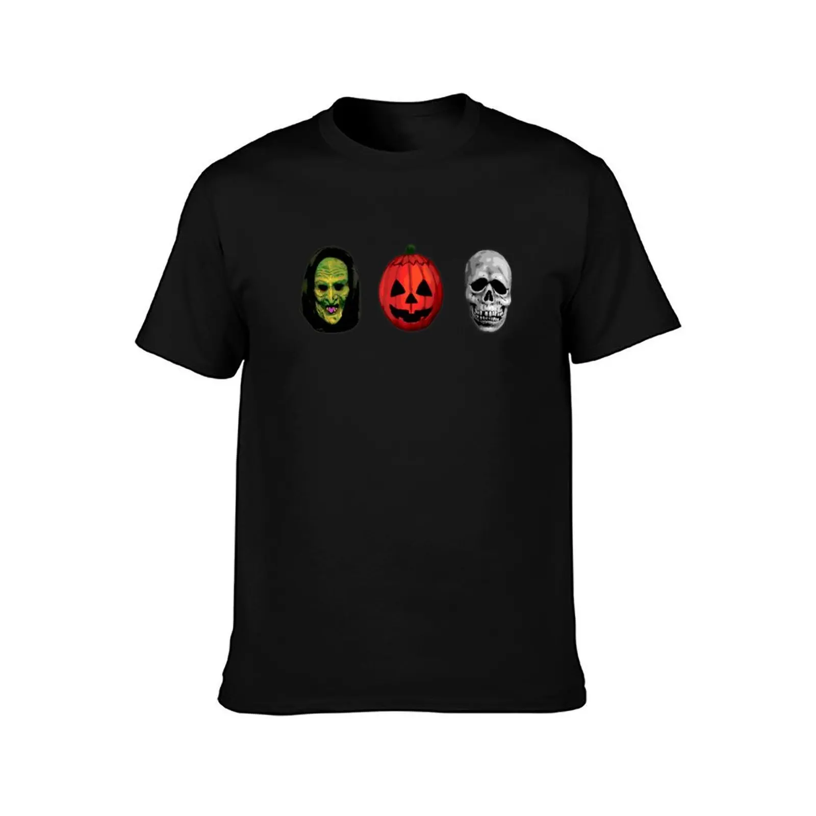 Halloween 3 masks - witch, pumpkin and skull T-Shirt, Summer Casual Cotton Tee, Oversized Streetwear Tops, Vintage Graphic Print