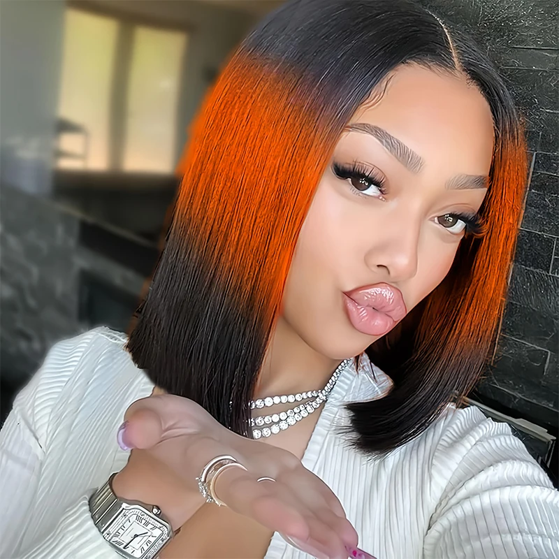 

1B Рыжий Оранжевый 1B Короткие Прямые Парики Боб 13x4 Кружевные Фронтальные Парики Человеческих Волос для Женщин