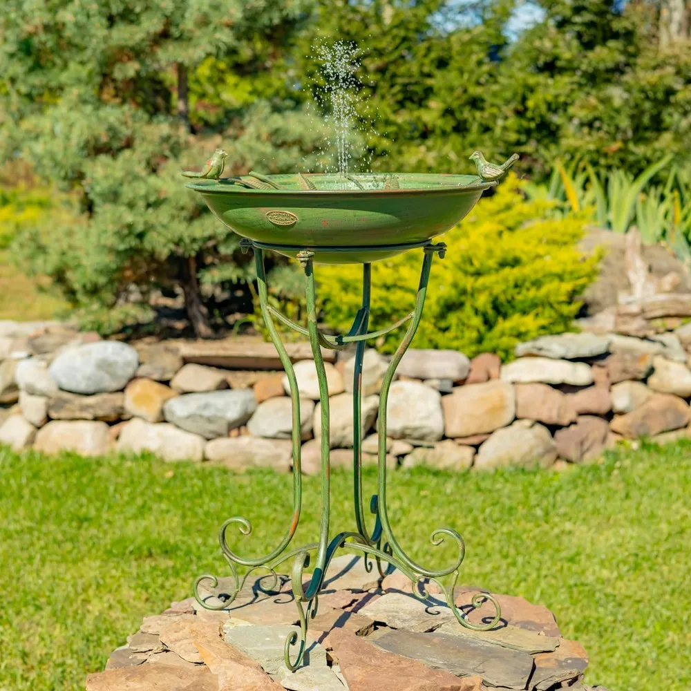 

Deep Well Made Metal Birdbath with 2 Cast Iron Birds and Leaf Decoration