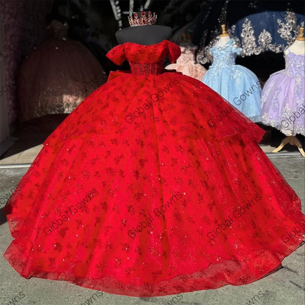 Messico rosso Off The Shoulder Ball Gown Quinceanera Dress For Girls Appliques di perline abiti da festa di compleanno farfalla Prom Sweet 16