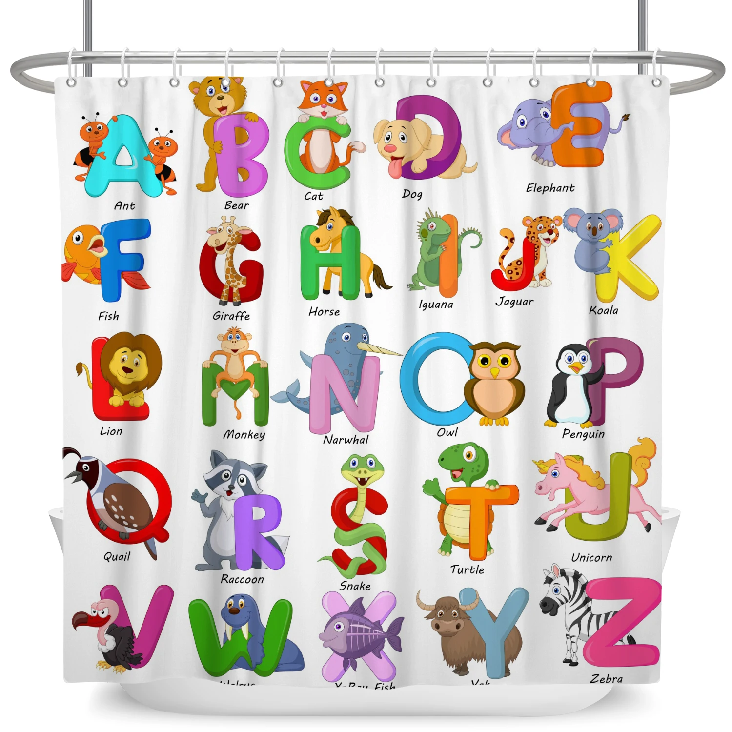 Kids Shower Curtain ABC Alphabet Cute Cartoon Animals A to Z Educational Learning Tool Waterproof Bathroom Decor with 12 Hooks