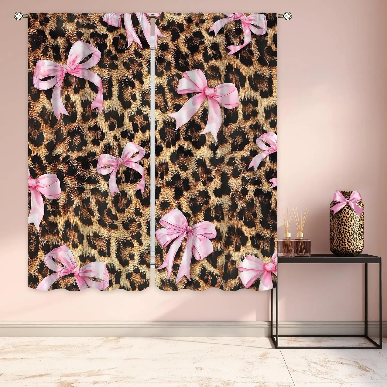 Pink Bow Leopard Print Curtains Rod Pocket Preppy Girly Modern Cheetah Cute Pretty Sweet for Girls Art Printed Retro Fashion