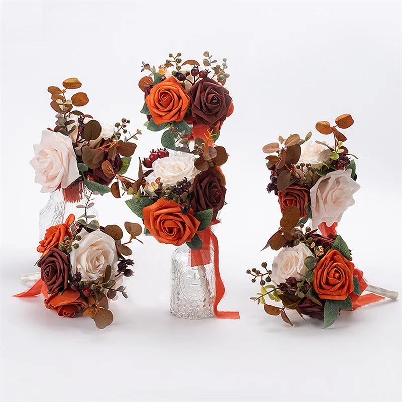 Burnt Orange Wedding Bouquet Centerpieces Flowers Mini Bridesmaid Bouquets Set of 2 Small Floral Fall Wedding Decorations