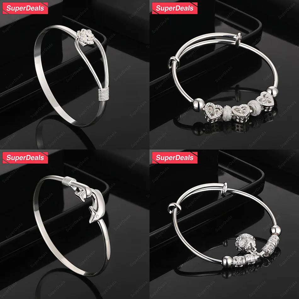 

SuperDeals 925 Sterling Silver Dolphin Flower Bell Heart Adjustable Round Bangles For Women Wedding Party New Beautiful Jewelry