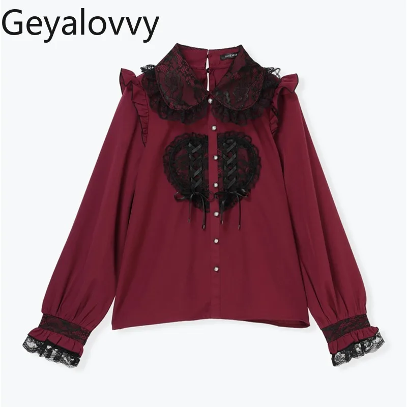 

Autumn New Japanese Style Cute Heart Lace Collar Bow Long Sleeve Shirt Sweet Girls Blouse Versatile Single-Breasted Tops