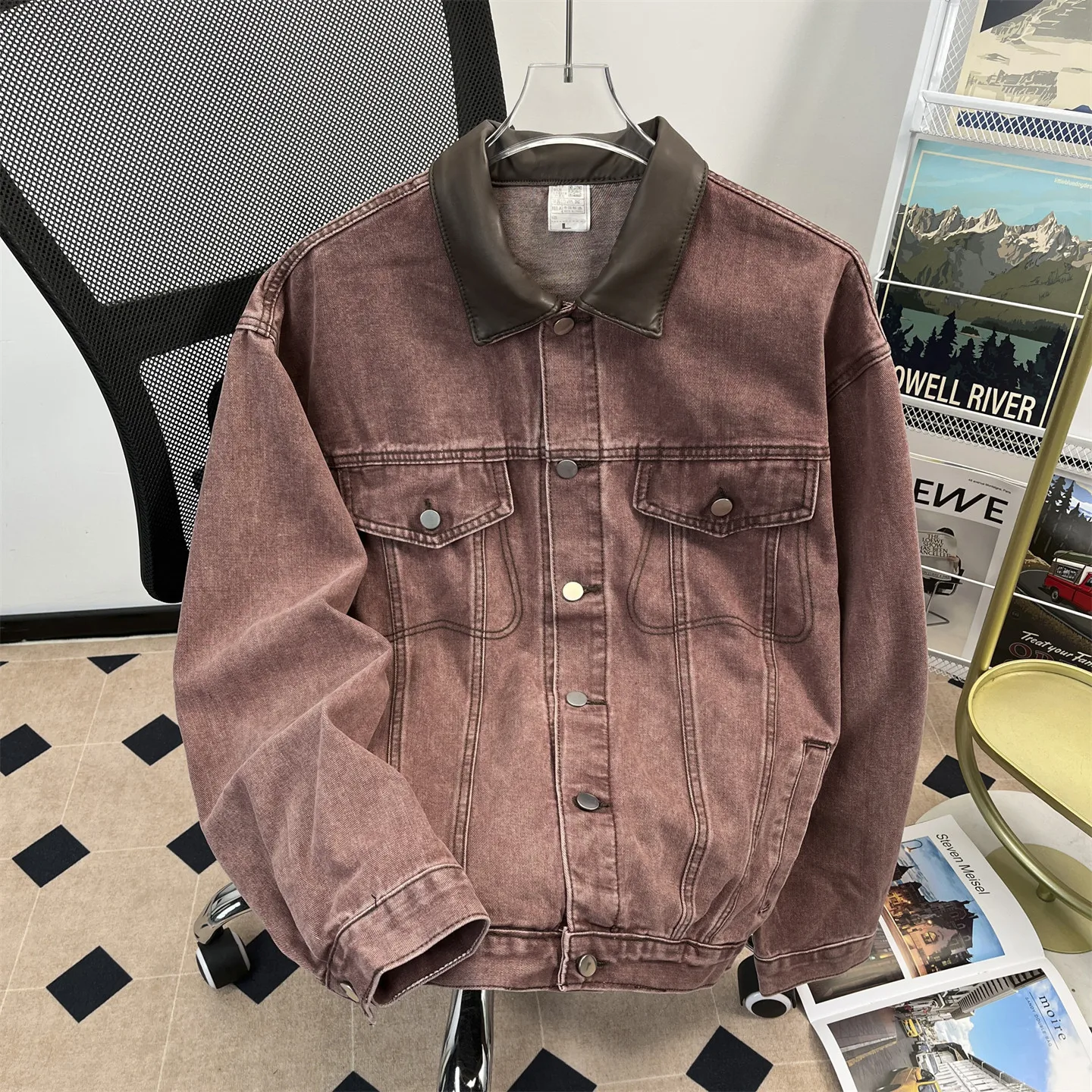Pu Leather Lapel Spliced Denim Jacket For Men Autumn New American Casual Fashion Street Style Wash Vintage Multi Pocket Coat