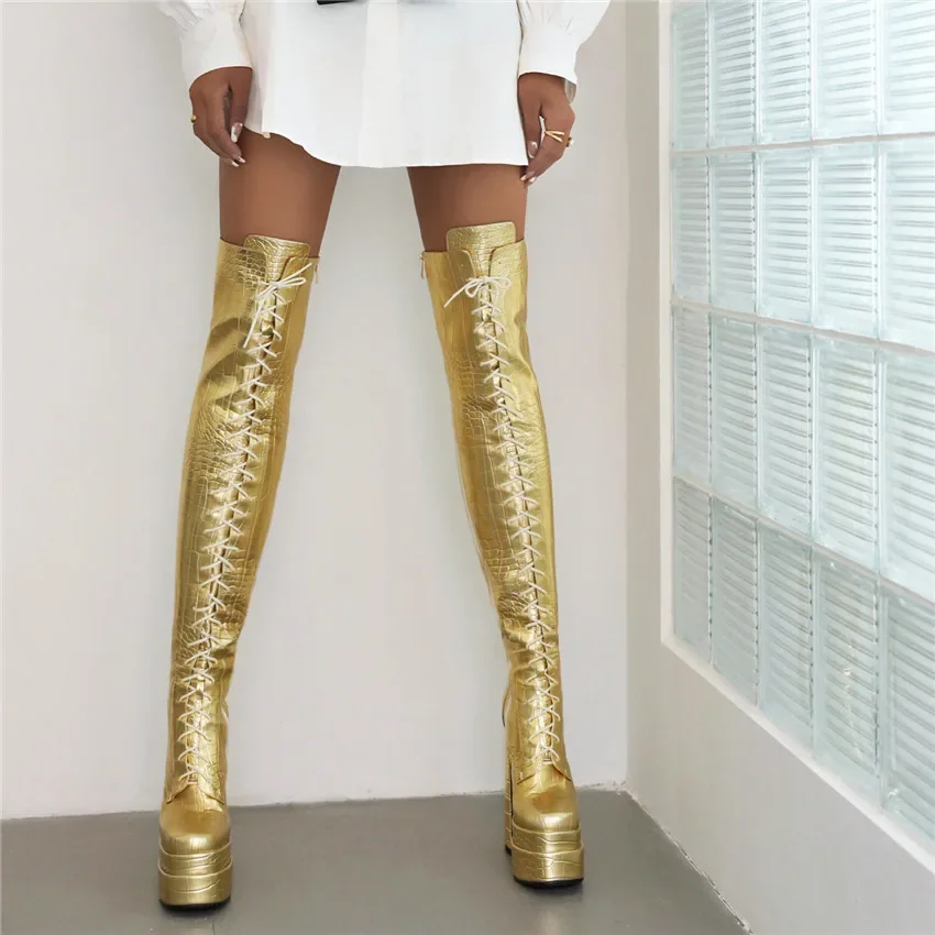 Gold Silver Platform Thigh High Boots Chunky Heel Metallic Crocodile Print Sexy Club Lady Square Toe Lace Zipper Over Knee Boots