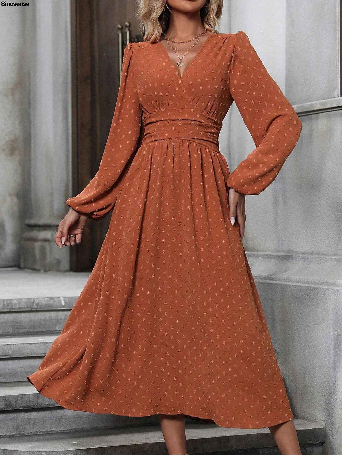 Abito lungo da donna autunno manica lunga scollo a V Swiss Dot Boho smock a vita alta abito lungo fluido a trapezio elegante abito da ospite di nozze