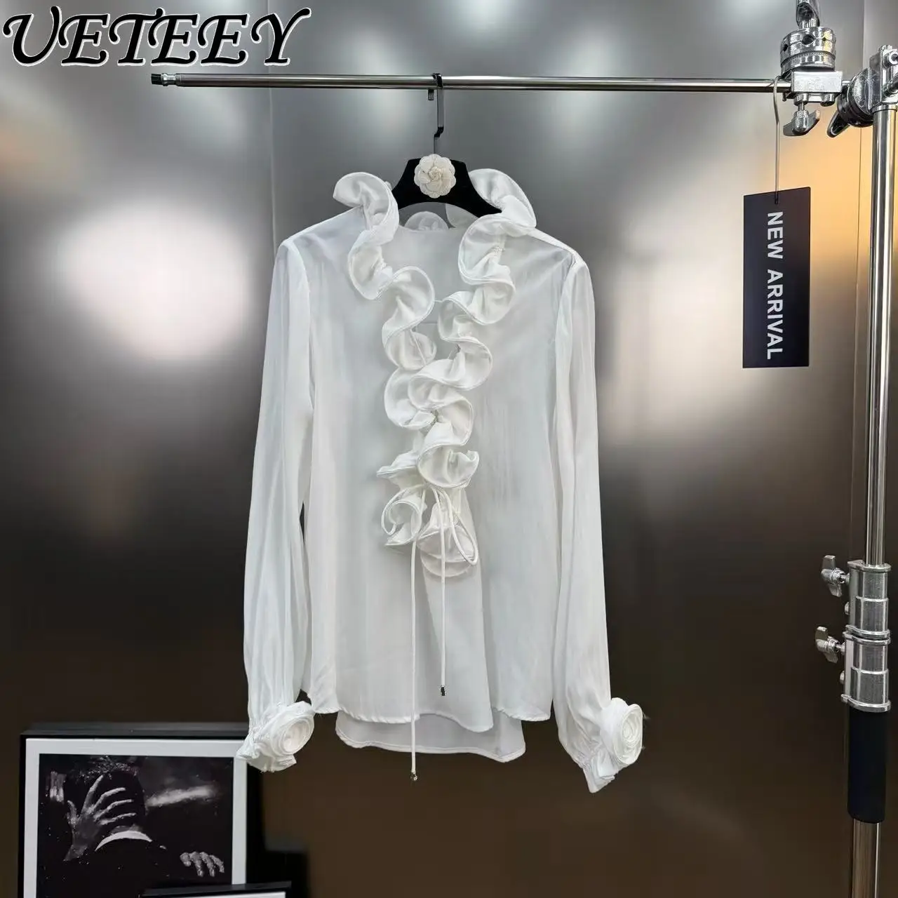 

Autumn Versatile Casual Slimming Blouse Ruffled Collar Tie Long Sleeve Shirt French Design White Versatile Tops for Women
