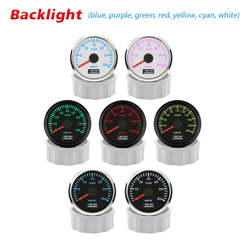 Popular 52mm GPS Speedometer 0-30MPH 0-60MPH 120MPH Odometer Tripmeter with GPS Antenna 7 Colors Backlight For Truck Boat 9-32V