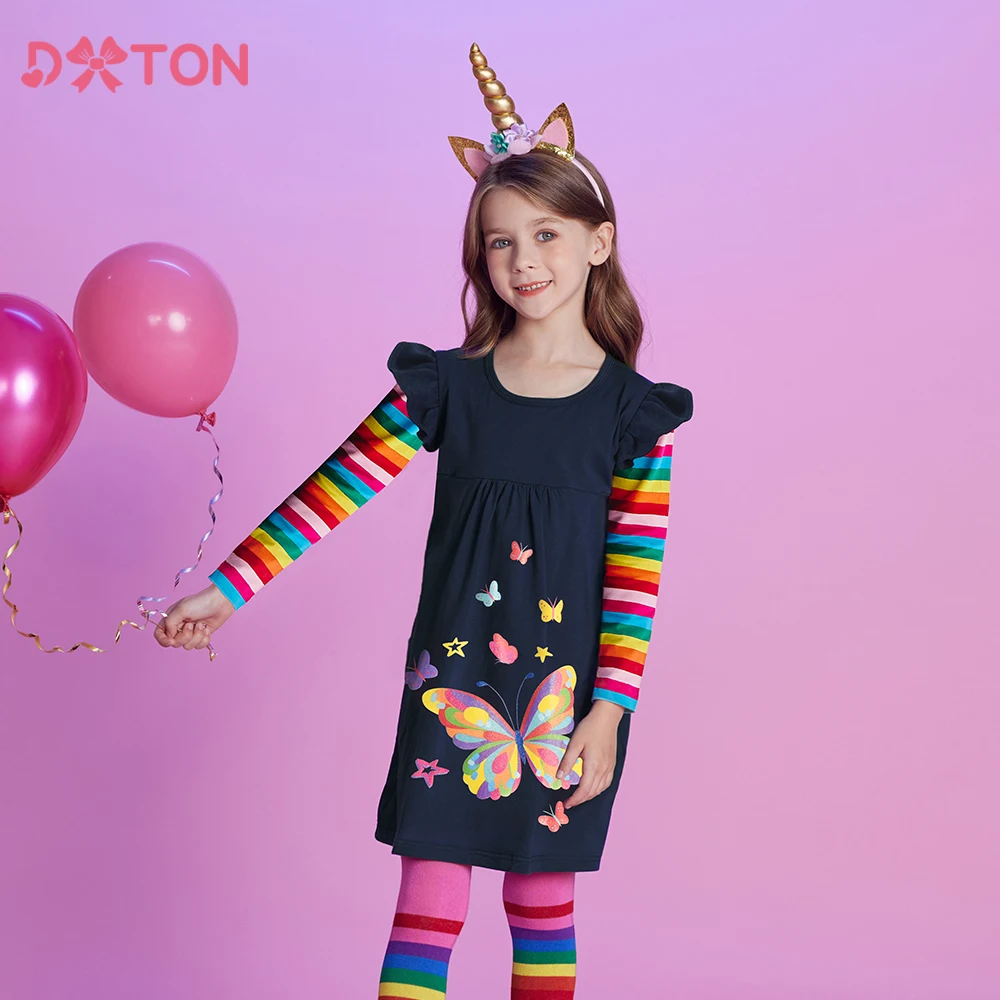

DXTON Autumn Kids Dresses For Girls Rainbow Flying Long Sleeve Cotton Toddler Dress Butterfly Print Casual Girls School Dresses