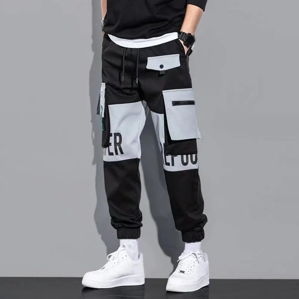 

Men Cargo Pants Drawstring Elastic Waistband Men Pants Multiple Pockets Letter Print Ankle-banded Contrast Color Long Trousers