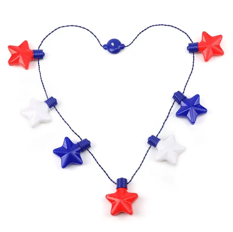 50pcs 4th of July Light Up Necklaces Red White Blue American Flag Star Buble Necklaces for Adults Kids Party Favor