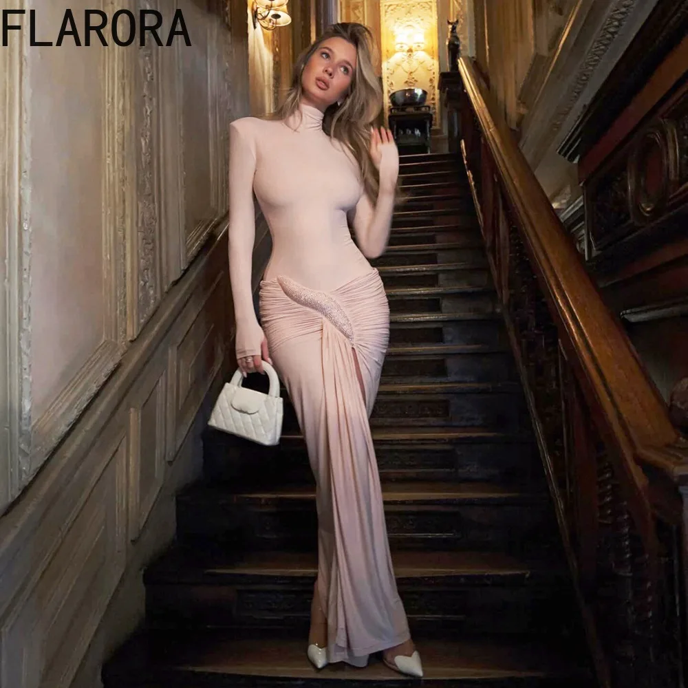 

FLARORA Elegant Ruched Gown Long Dress Woman High Collar Irregular Sequins Patchwork Split Dresses Hipster Skinny Party Vestidos