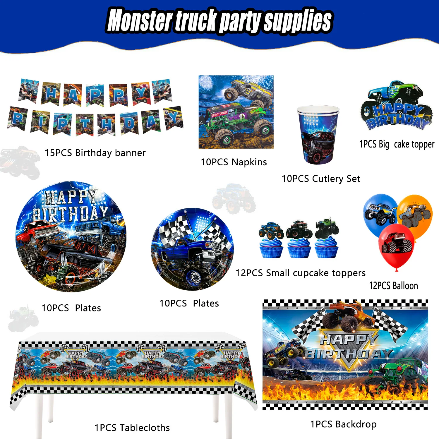 Monster Truck Birthday Party Supplies,72pcs Birthday Decorations&Tableware Kit-Monster Truck Plates and Napkins Banner Backdrop