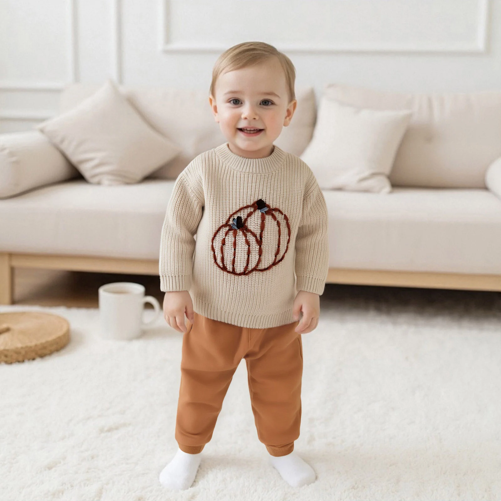 

Toddler Baby Knit Sweater Pumpkin Embroidery Crew Neck Pullover Long Sleeve Tops for Daily Life, Halloween and Thanksgiving Day