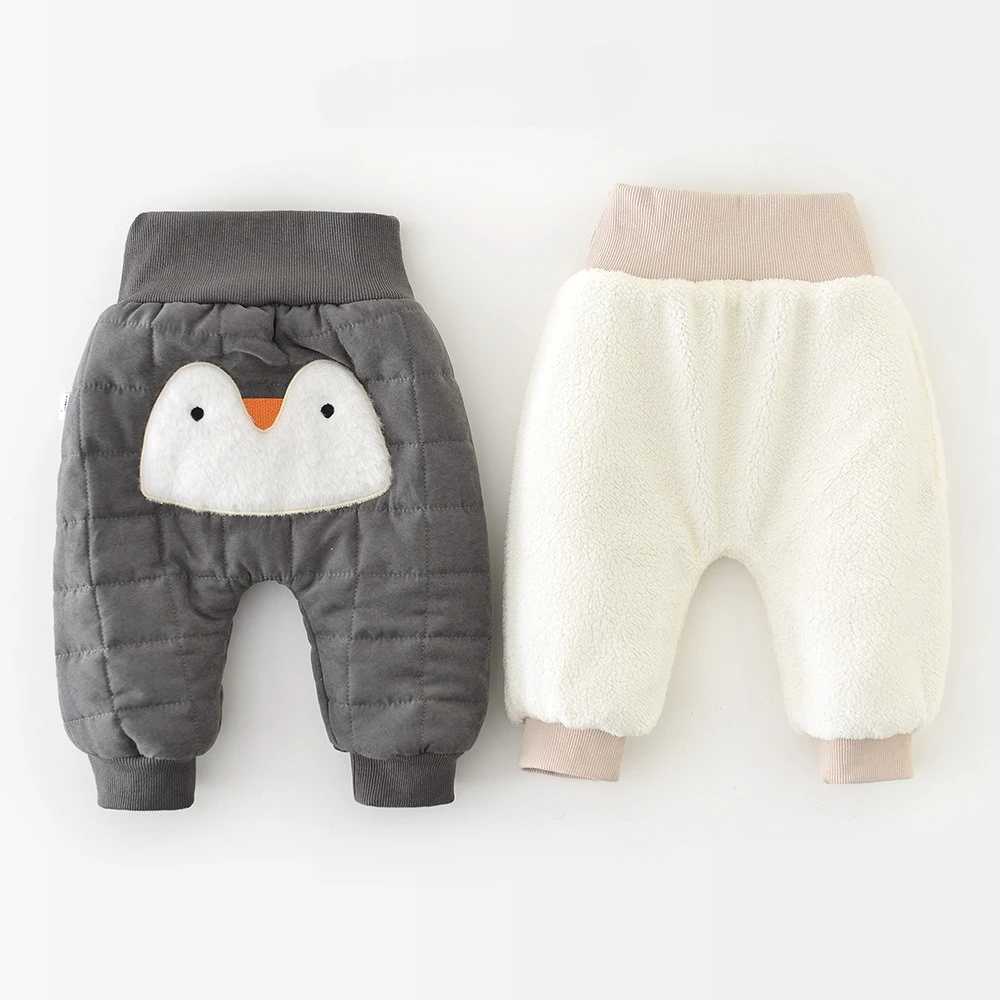 New Winter Baby Pants 0-3T Cartoon Penguin Boys Infant Fleece Padded Trousers Toddler Girls Elastic Waist Warm Pants
