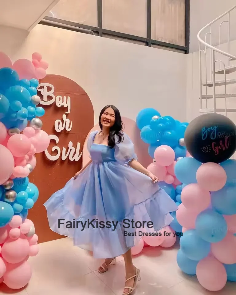 FairyKissy Blaues Organza-Abschlussballkleid mit kurzen Ärmeln, Puffärmel, maßgeschneidertes Abschlussfeierkleid, Teelänge, Festzug-Roben de Soirée