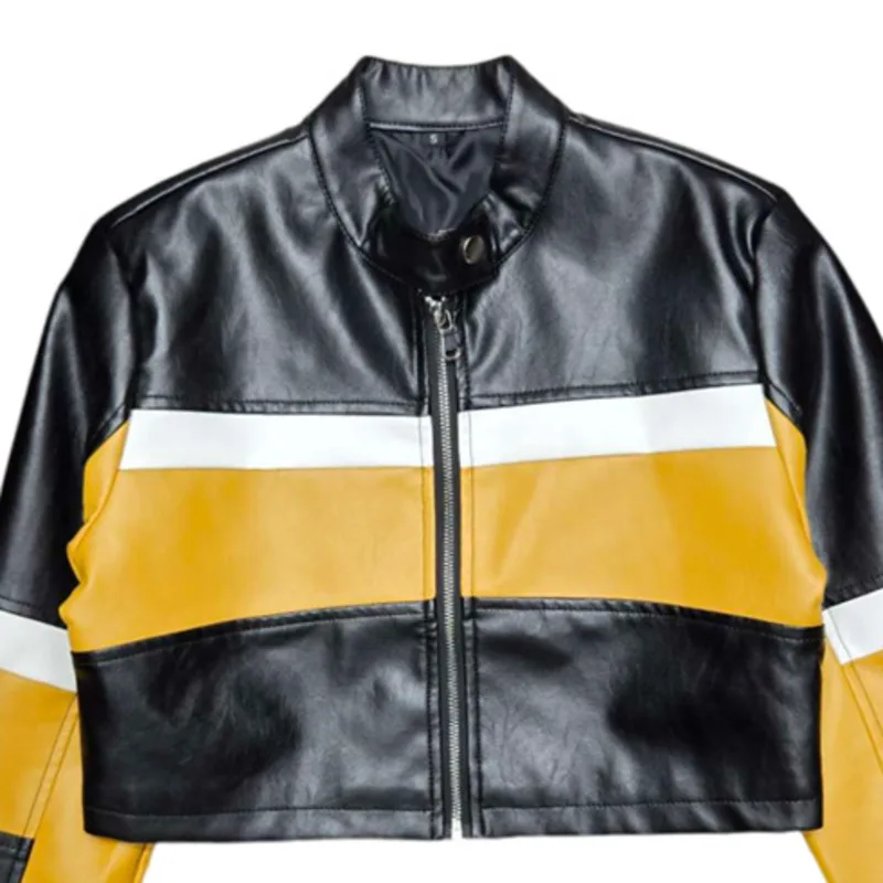 HKSH Spring Autumn New Women Short Leather Jacket Contrast Color Patchwork Moto Biker Zipper Baseball Coat Tide Tops Ins HK12773