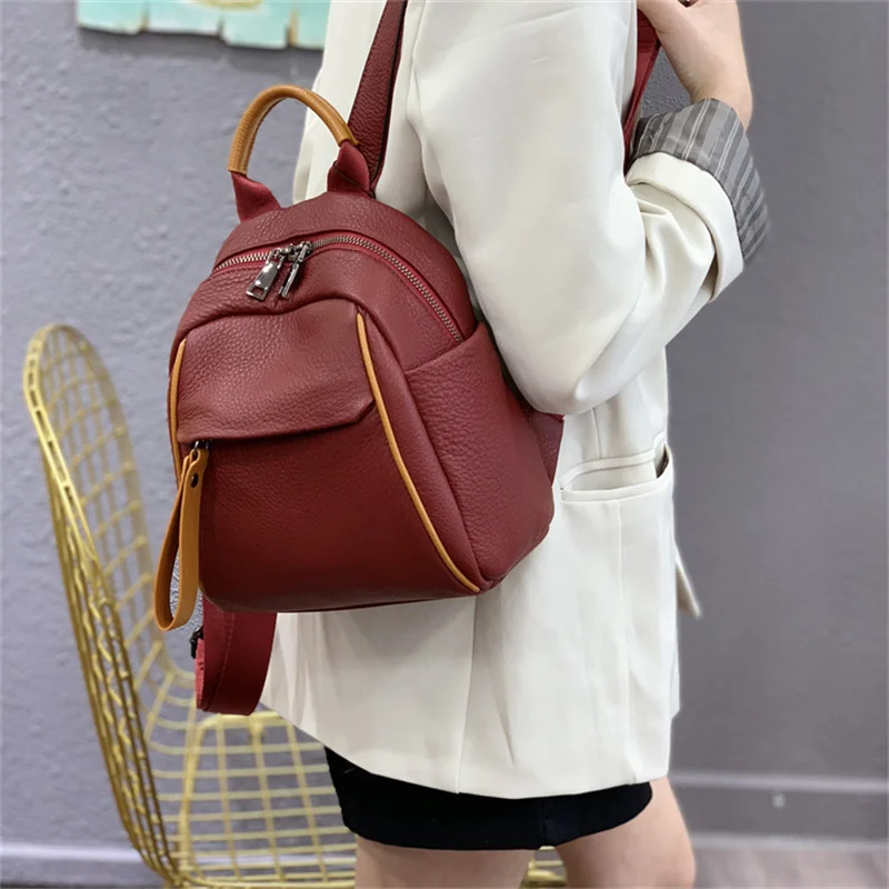 Casual Genuine Leather Backpack Women Small Real Cow Leather Bagpacks Anti-theft Fashion Ladies Travel Bag