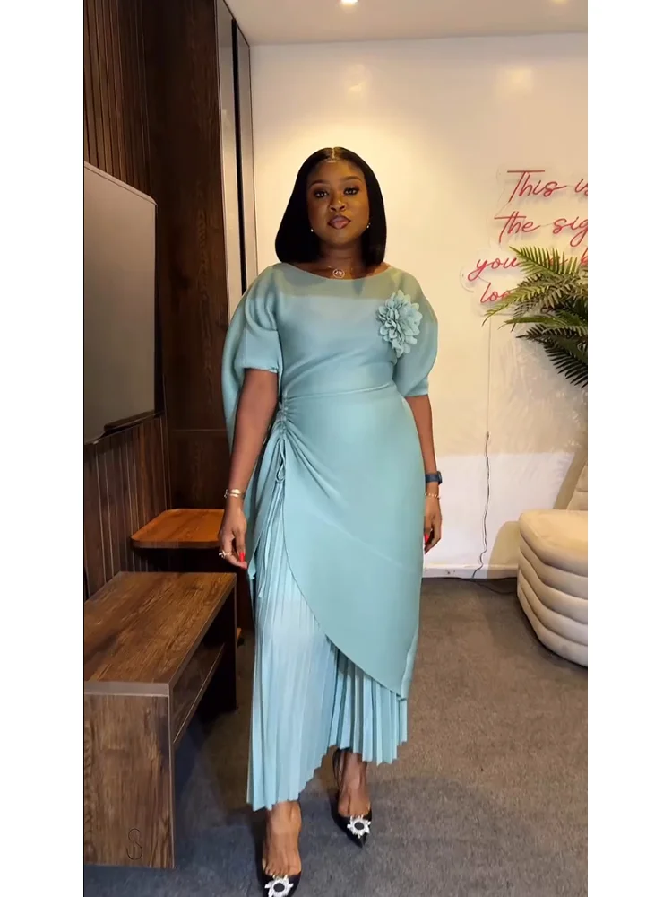EGRM New Miyaki Pleated Pants Set Three-dimensional Flower Batwing Sleeve Long Dress And Wide Leg Pants Two Pieces Sets 9R6175 - Image 4