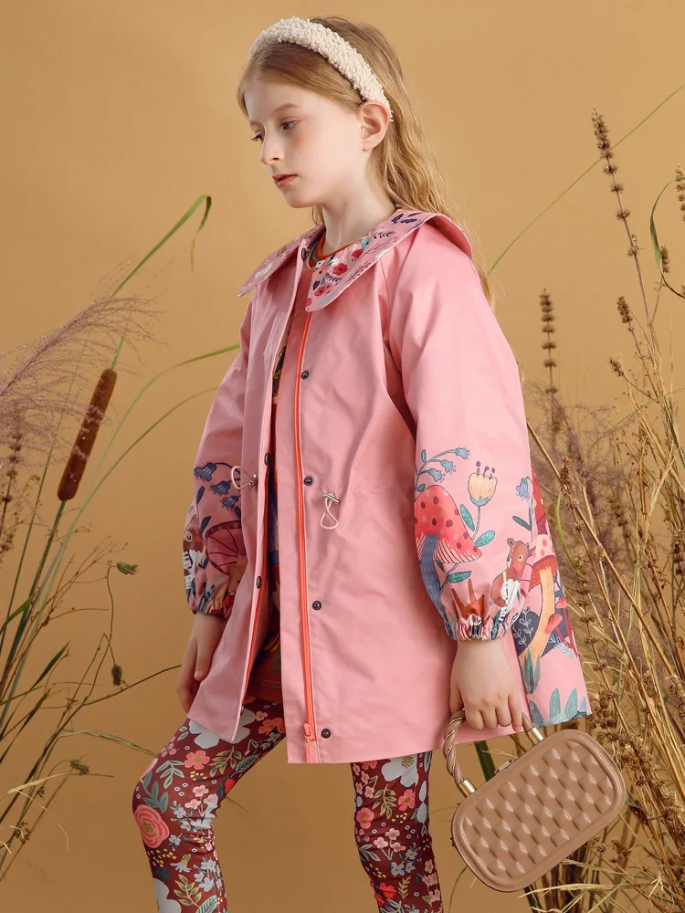 Girls Trench Coat Long Sleeve Zip Closure Flowers Printed Peter Pan Collar Spring and Autumn Coat