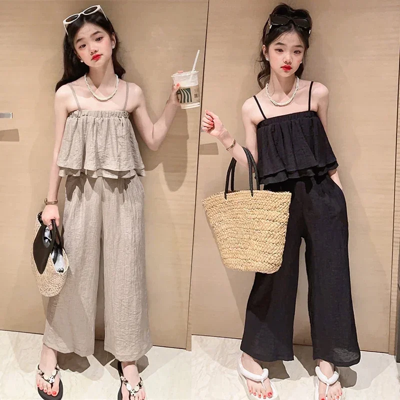 Summer Teenage Girls Clothing Sets Children Fashion Sling Tops + Wide Leg Pants 2Pcs Outfits Kids Tracksuit 4 6 8 10 12 14 Years