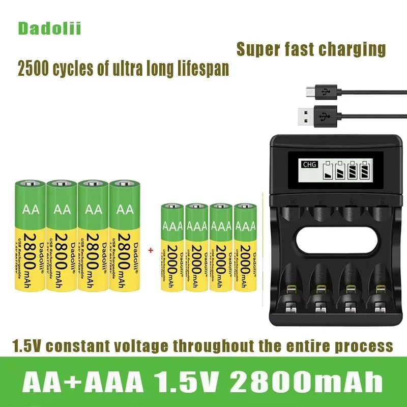 Batteria originale Dadolii AA/AAA Batteria ricaricabile agli ioni di litio ai polimeri di 1,5 V Batteria AA/AAA da 1,5 V con caricatore USB