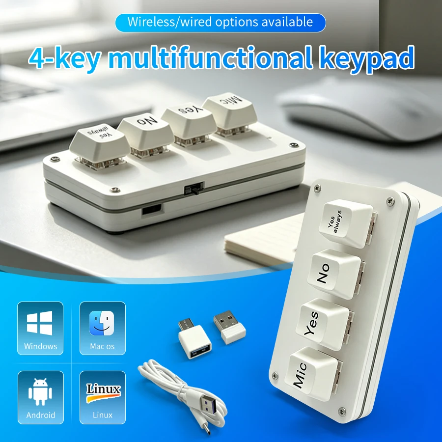Programmable Macro Keypad with Voice Input RGB 4Key Mini Keyboard Wired/Wireless KnobPad for Photoshop Gaming Custom Programming
