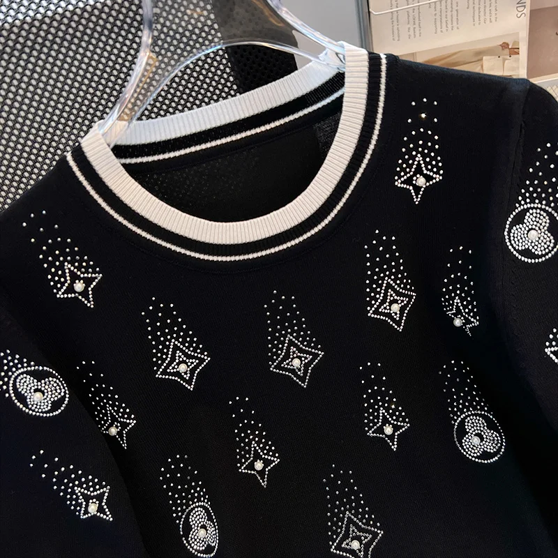 Rhinestones Beaded Ice Silk Tshirt Tops Women Knitted Sweater Knitwear 2024 Summer Short Sleeve O-neck Fashion Loose Tees Jumper