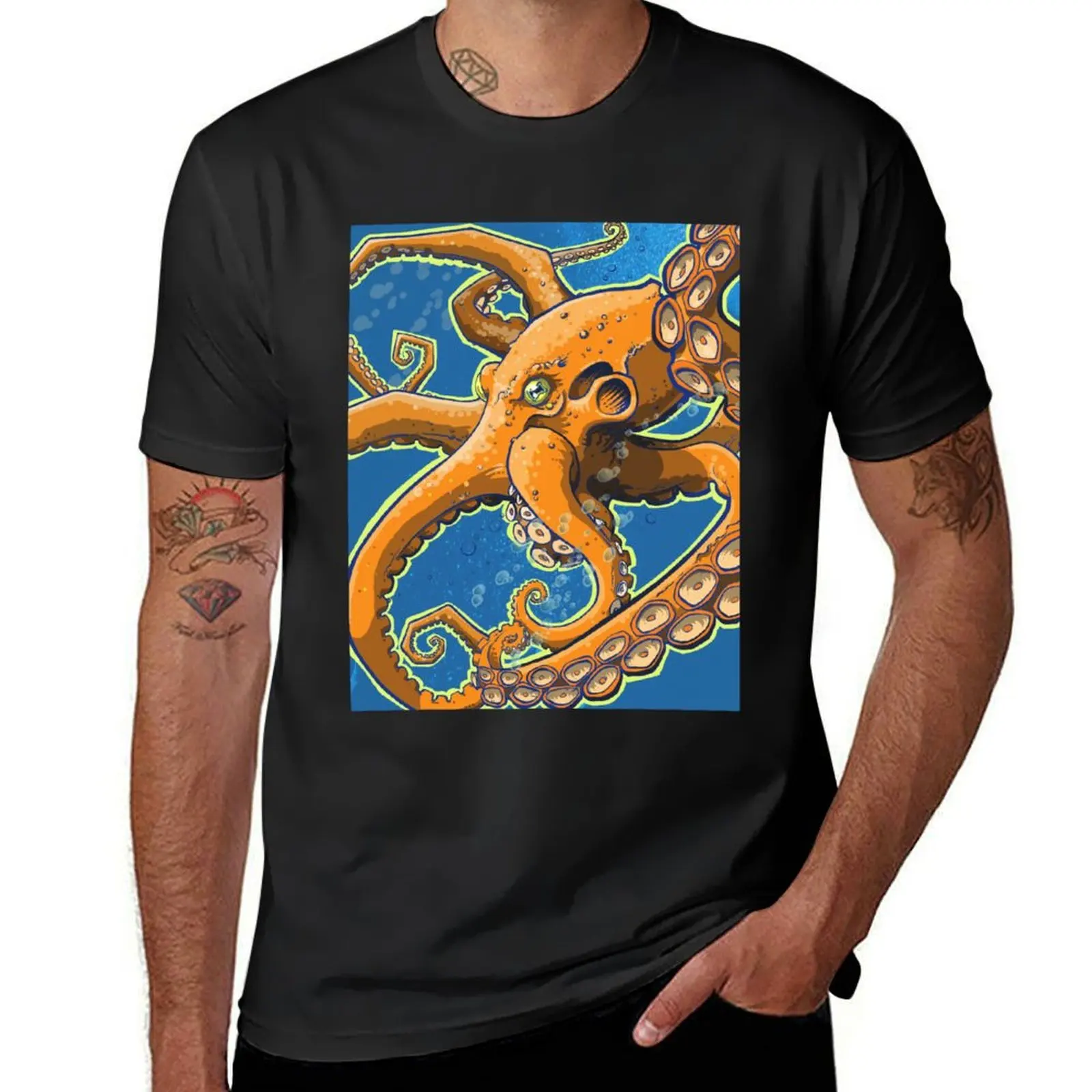 Tangerine Octopus on Blue Background T-Shirt customs quick drying cute tops mens graphic t-shirts funny