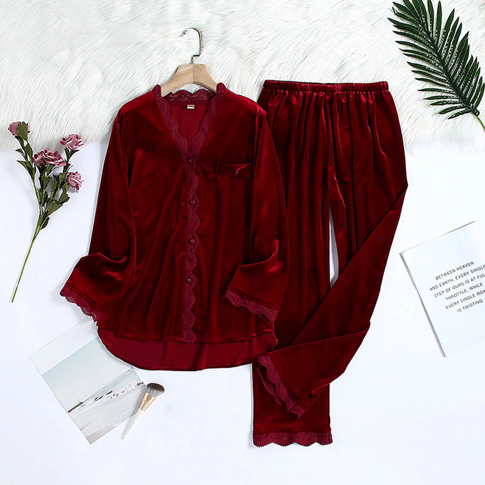

burgundy lace trim Pijamas Suit autumn winter velour nightwear pyjama pour femme homewear velvet pajamas sleepwear Two piece set