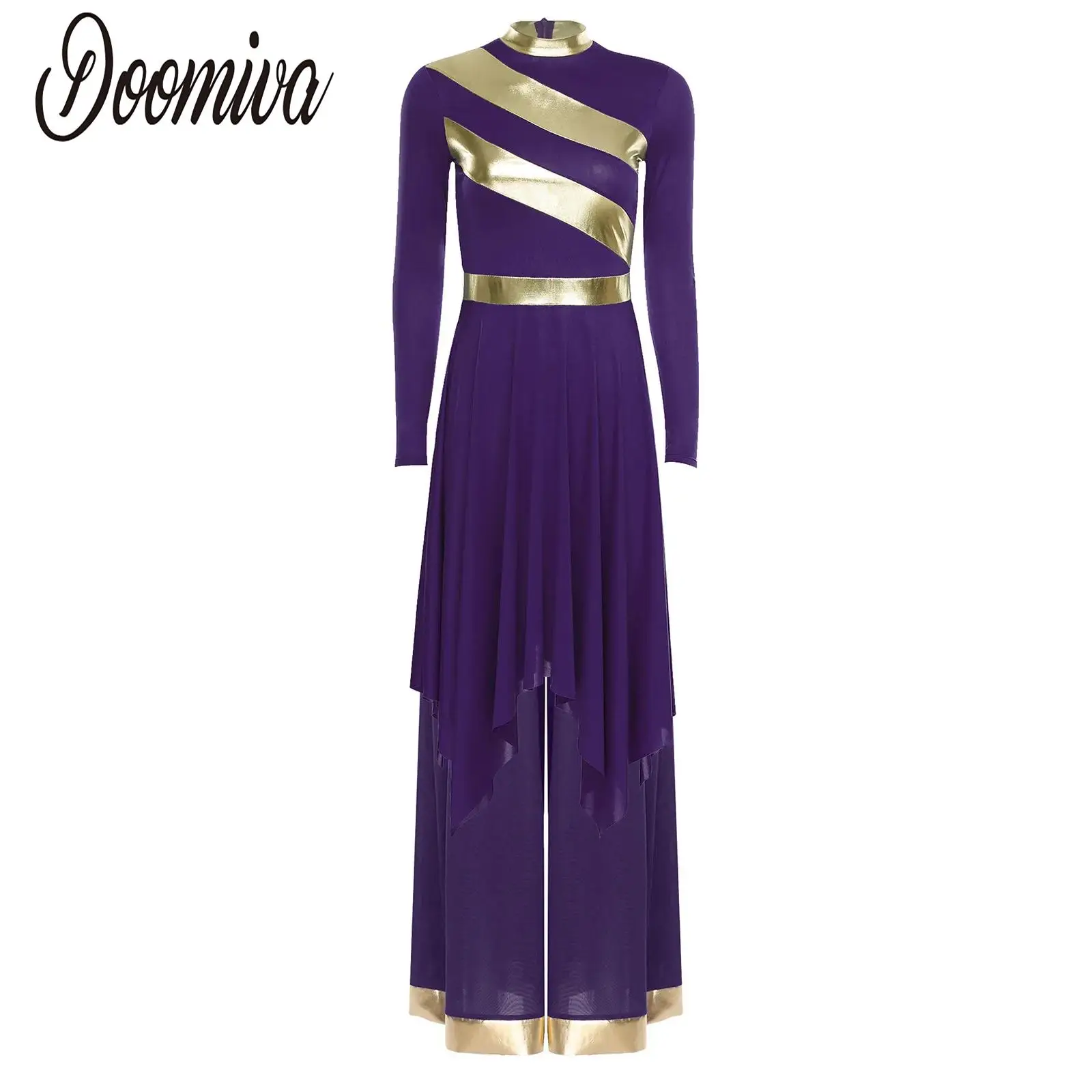 

Women Liturgical Praise Dance Dresses Worship Choir Church Robe Performance Costume Long Sleeve Metallic Dress with Pants Outfit