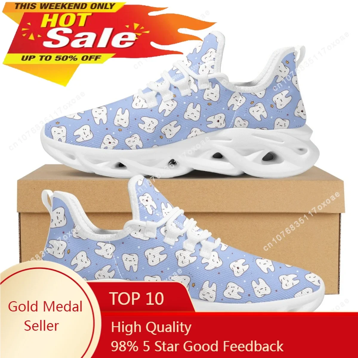 Cute Teeth Dental Pattern Ladies Mesh Sneakers Lightweight Lace-up Flat Shoes Breathable Outdoor Tennis Zapatos 2023