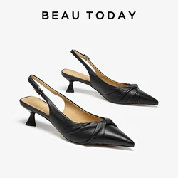 BEAUTODAY Slingbacks Women Genuine Sheepskin Pointed Toe Solid Color Thin Heels 2023 Summer Ladies Party Shoes Handmade 31263