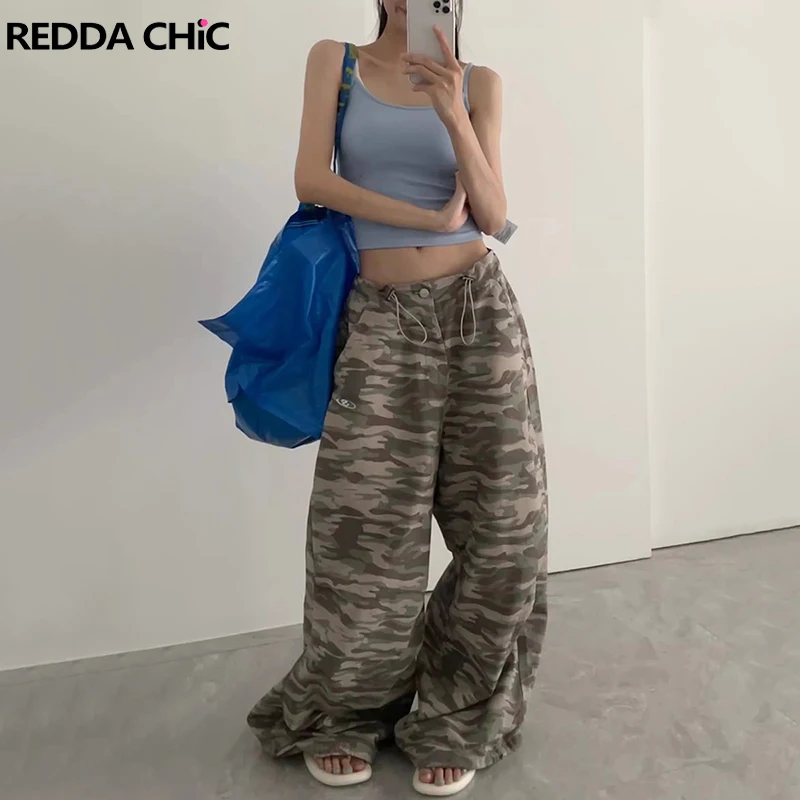 ReddaChic Drawstring Low Rise Casual Wide Pants Women Camouflage Print Pleated Oversize Parachute Pants Y2k Vintage Work Wear