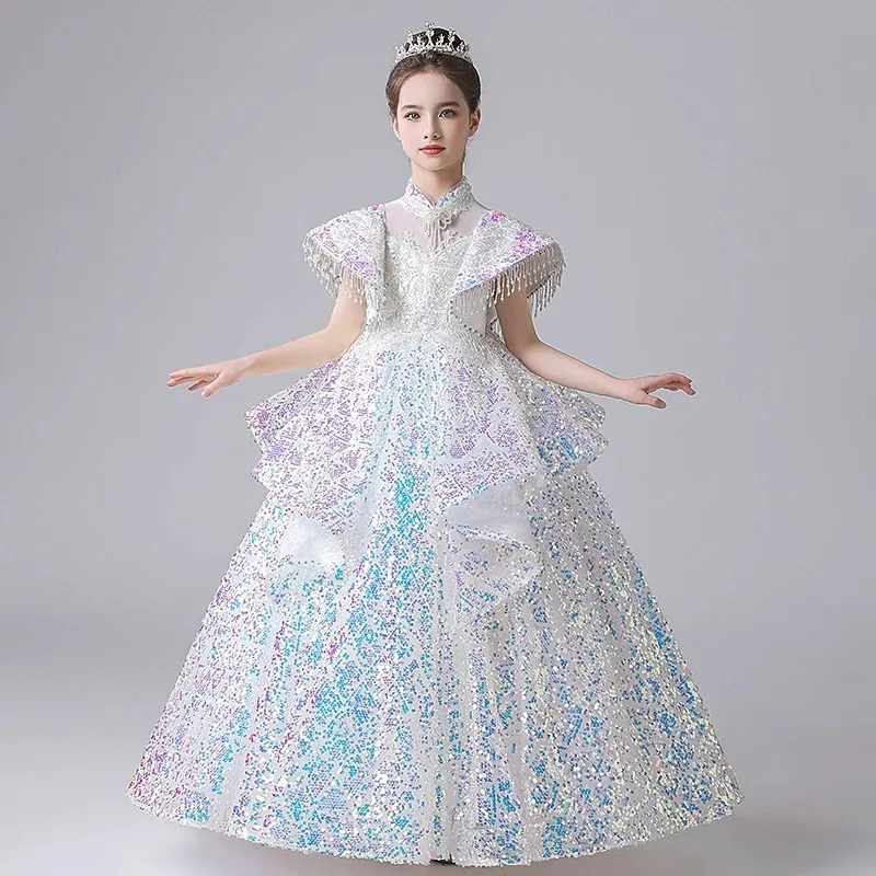 2024 High End Sequin Girls' Princess Dresses Beading Child's Party Dress Children Ballroom Clothing Teenager New Maxi Vestidos