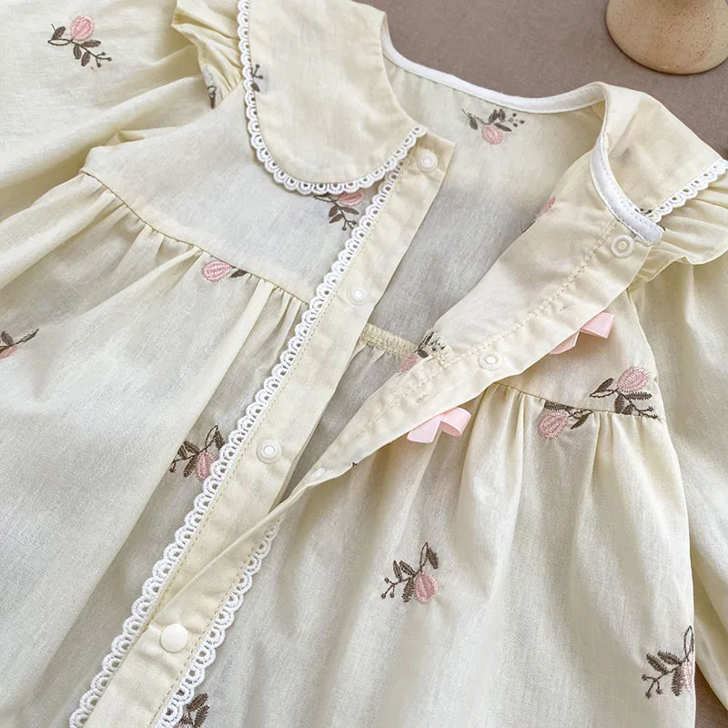 2024 New Autumn 0-24M Children Clothes Korean Style Climbing Suit Long Sleeved Cotton Flower Embroidery Toddler Baby Girl Romper