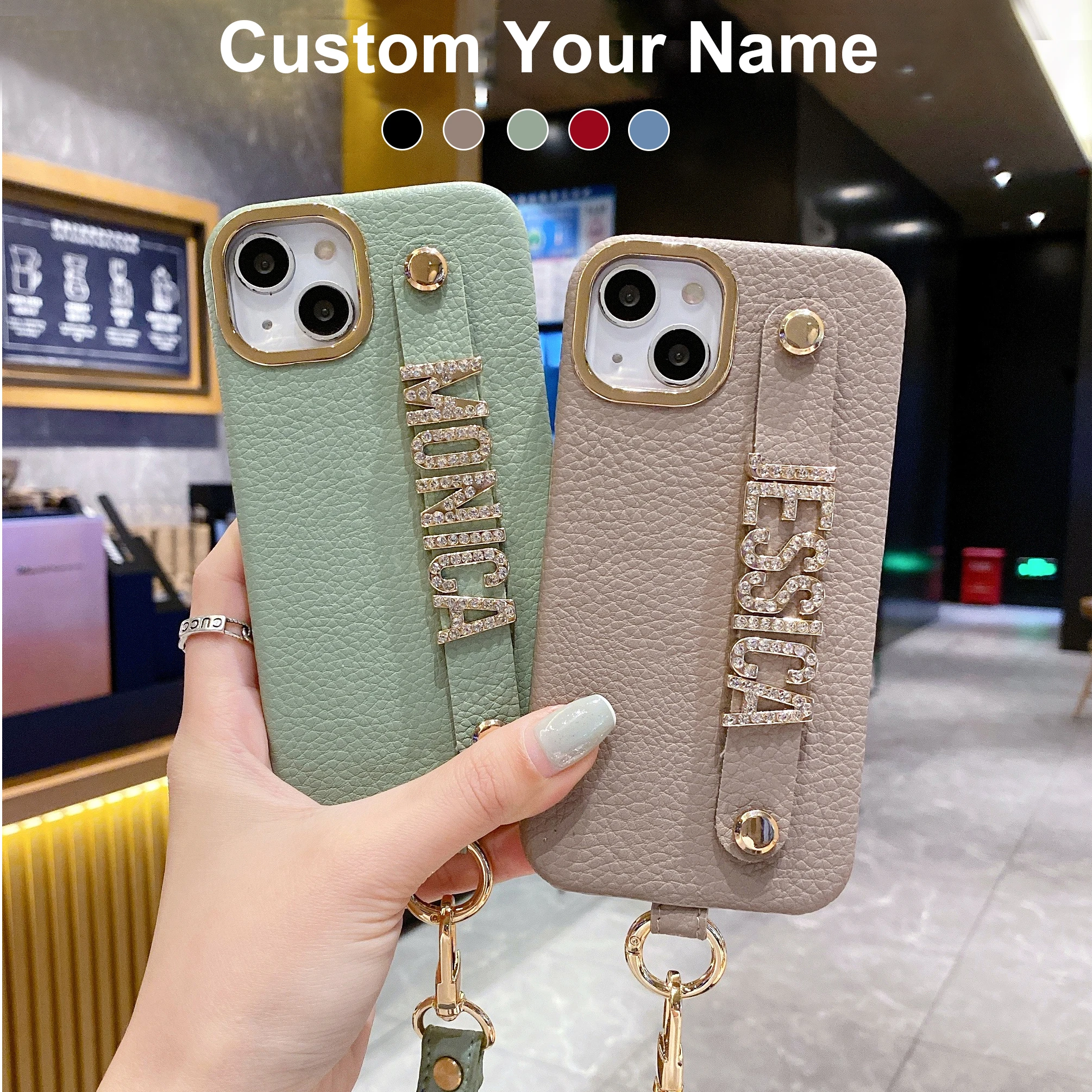 Personalized Name Letter Leather Phone Case For iPhone16 11 12 13 14 15Pro Max 16 15Plus Lanyard Diamond Metal Cover Strap